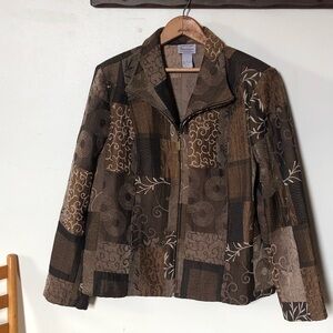 Vintage Renaissance Patchwork Tapestry Browns Fall Zip Up Jacket Collar